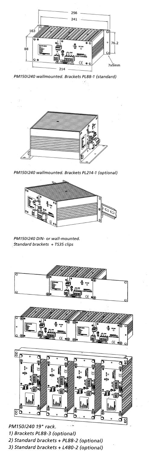 Technical drawings of a PM150/240 power supply, showing different mounting options.