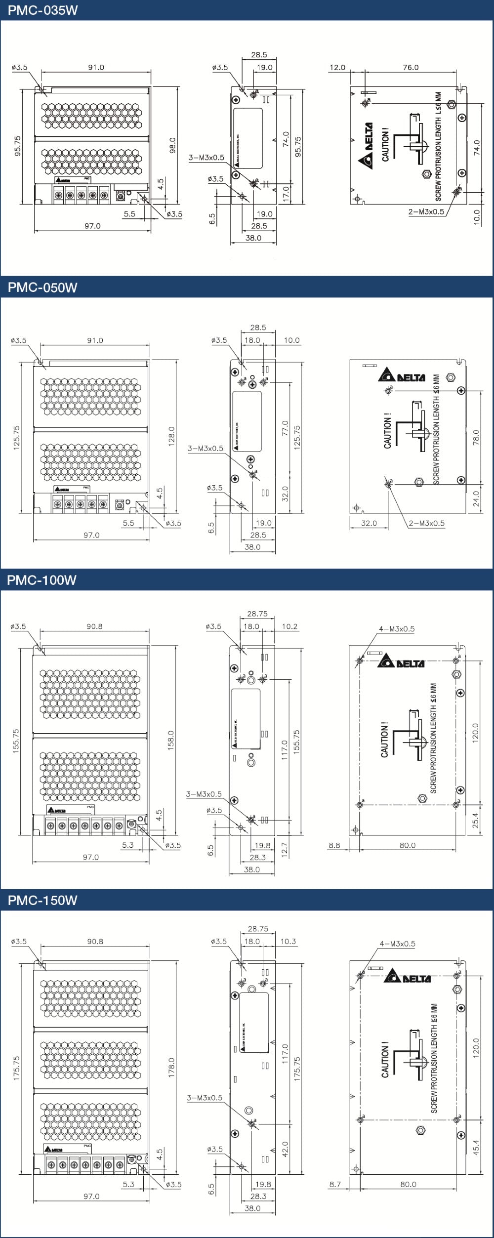 Technical drawings of Delta brand power supplies, labelled PMC-035W, PMC-050W, PMC-100W and PMC-150W, showing dimensions and screw locations.