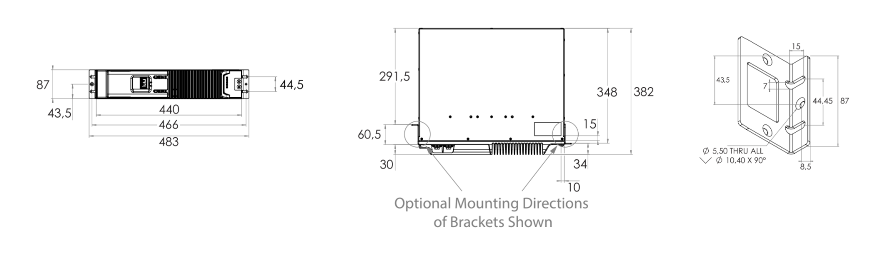 Technical drawing of a piece of equipment with mounting bracket dimensions.