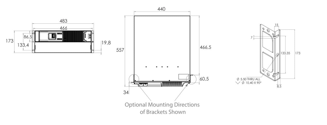Technical drawing showing dimensions and optional mounting brackets.
