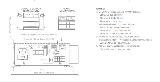 Technical diagram of output/battery and alarm terminations.