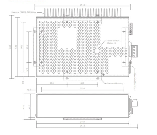 Technical drawing of an electrical box, showing dimensions and mounting details.