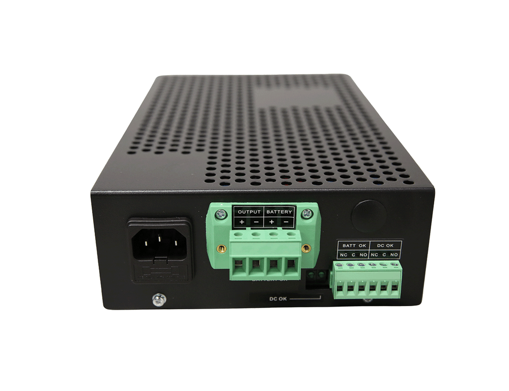 Powerbox PB251A DC-UPS front panel with output and battery terminals, AC inlet and BATT OK relay contacts.