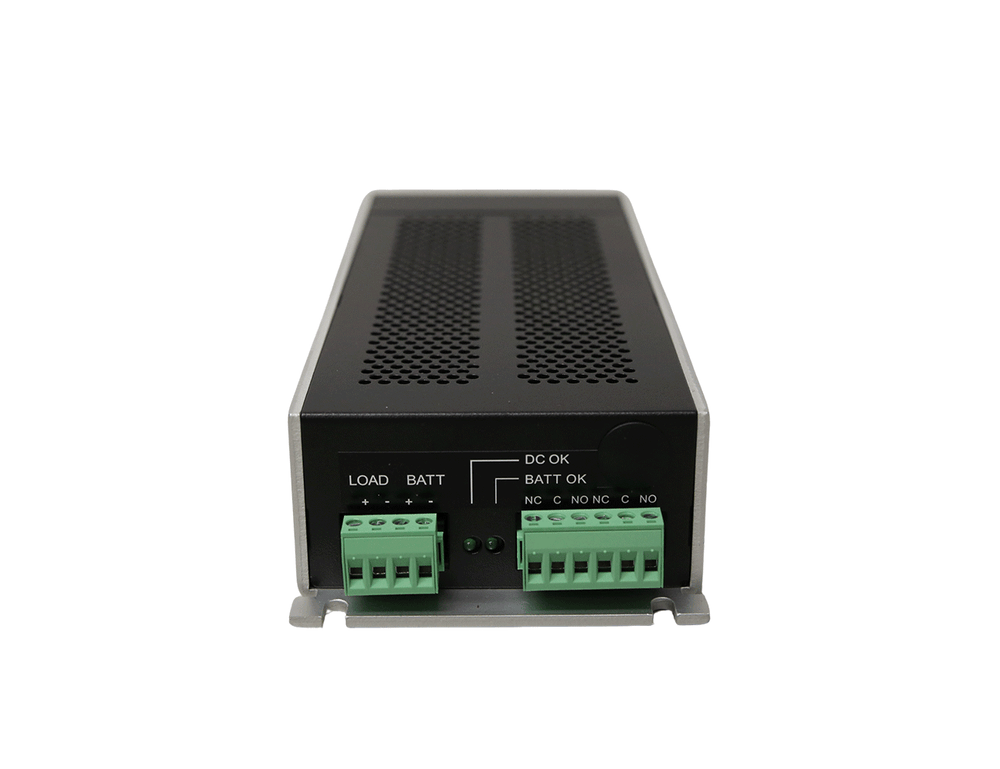 Powerbox PB256 DC-UPS front panel with load and battery terminals plus DC OK and BATT OK relay contacts.