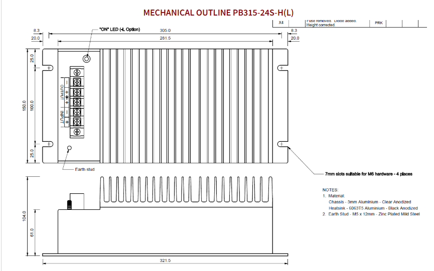 Technical drawing of a PB315-24S-H(L) power supply unit.
