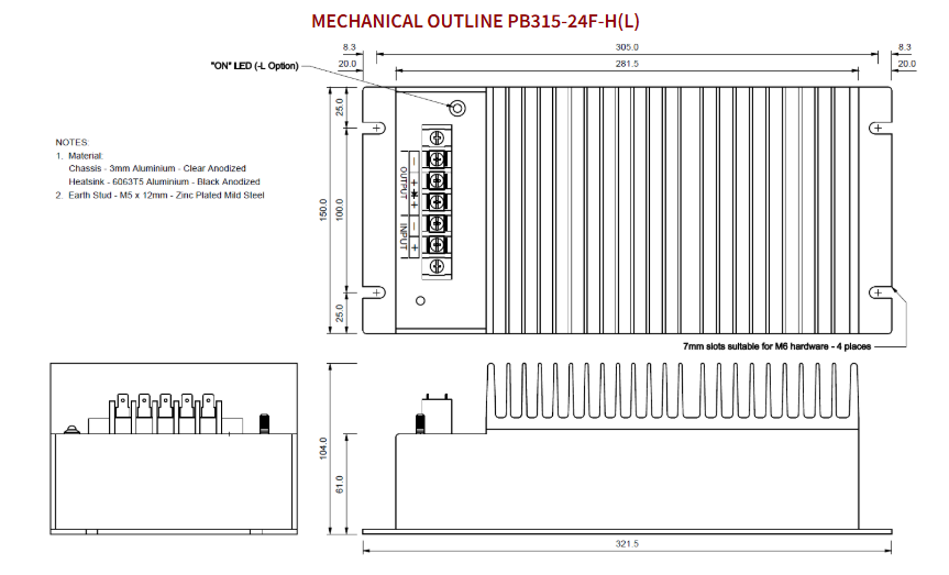 Technical drawing of a PB315-24F-H(L) heat sink unit.