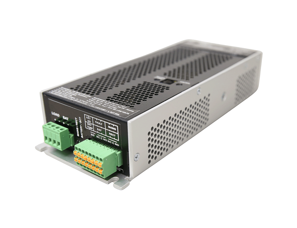 Powerbox PB356 DC-UPS uninterruptible power supply in vented metal enclosure, angled isometric view.