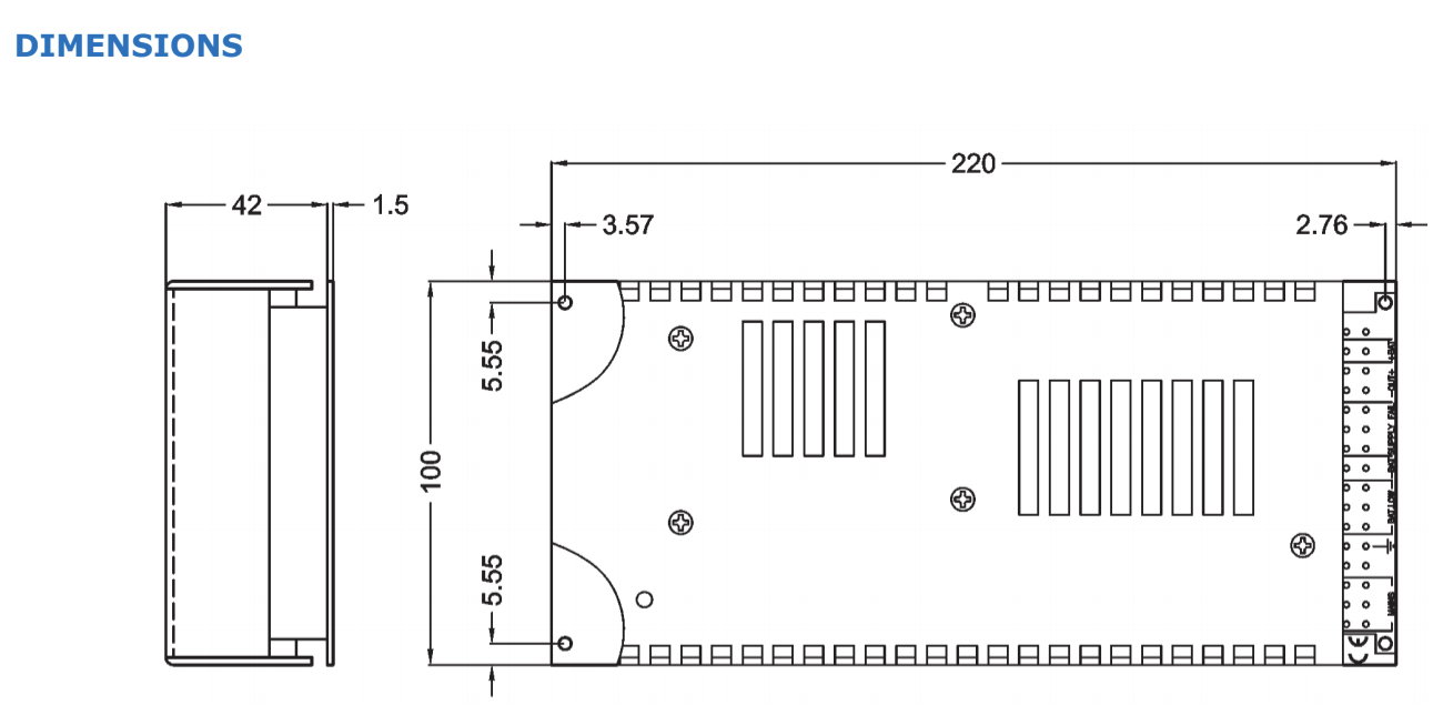 Technical drawing of enclosure dimensions.