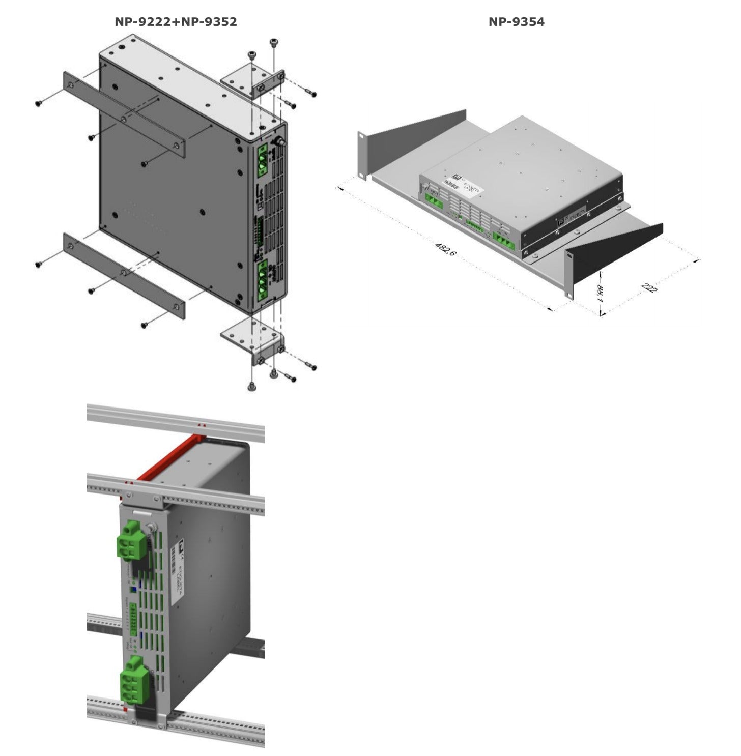 Three diagrams showing rack-mounted electrical gear.