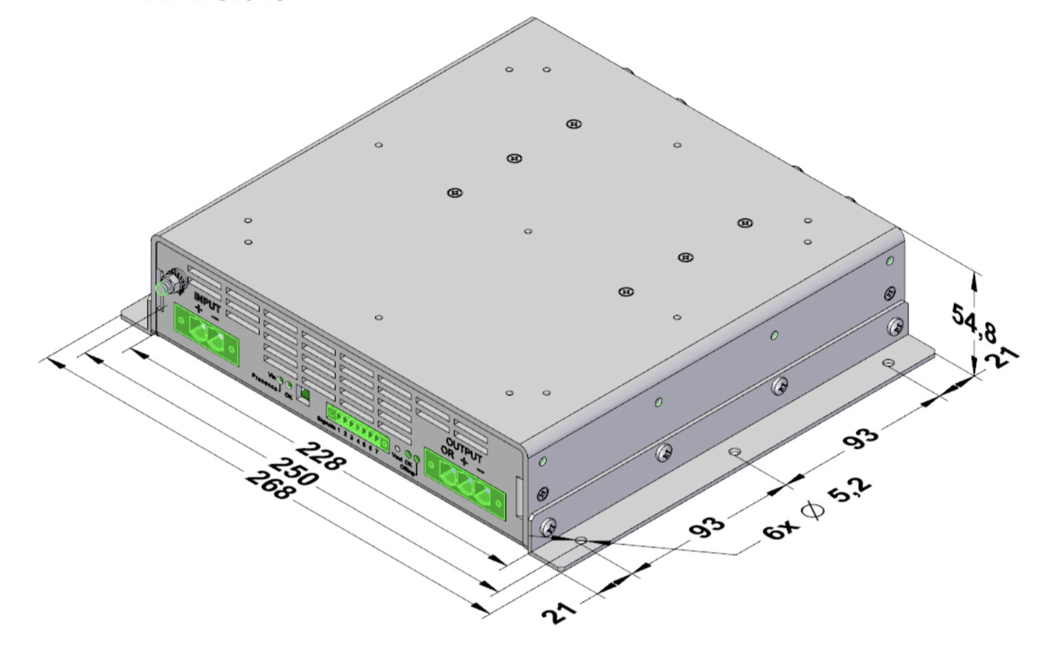 Isometric drawing of an electrical gizmo with dimensions.