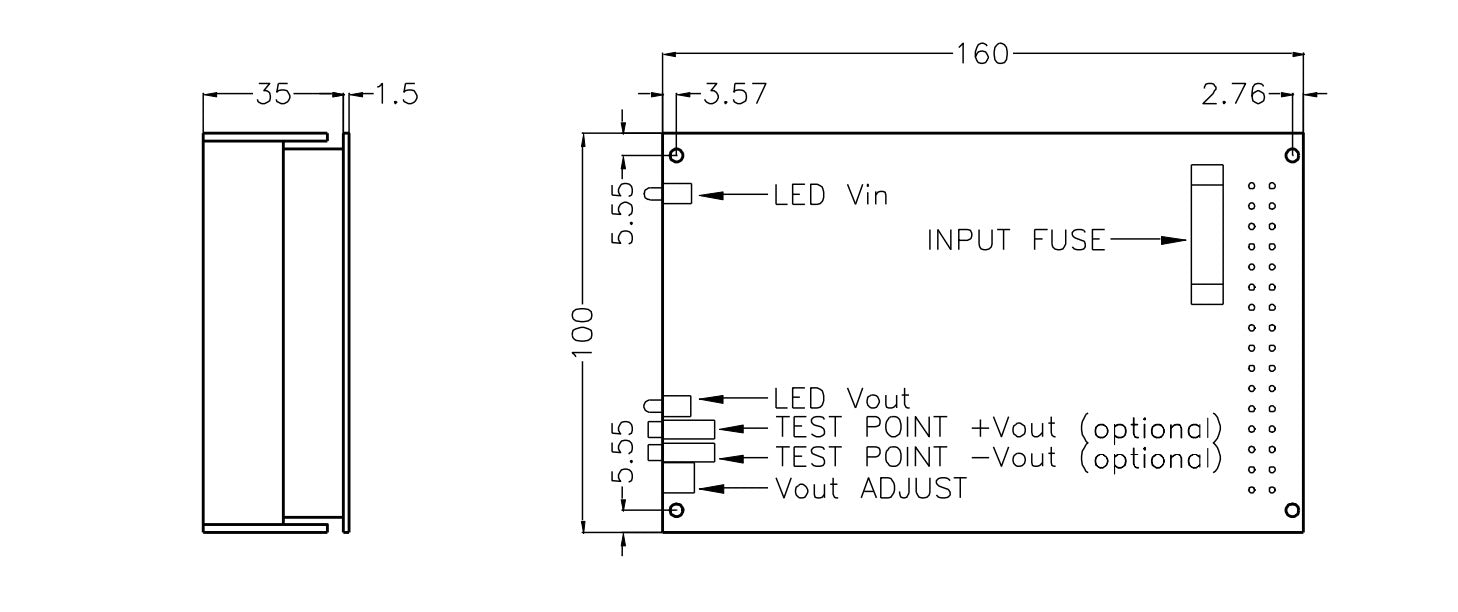 Technical drawing of a circuit board with dimensions.