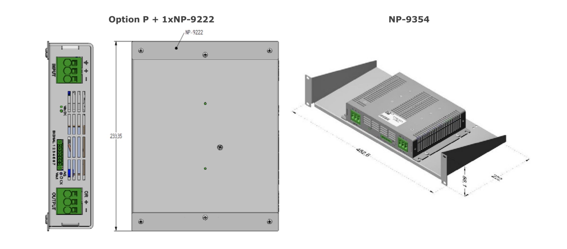 Technical drawing showing power supply units and dimensions.