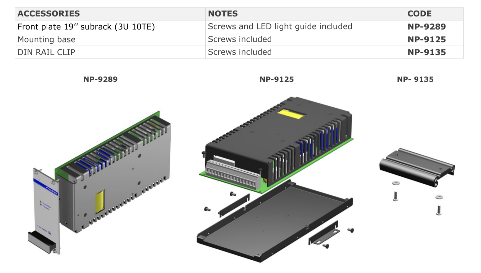 Exploded diagrams of electronic components: subrack front plate, mounting base, and DIN rail clip.