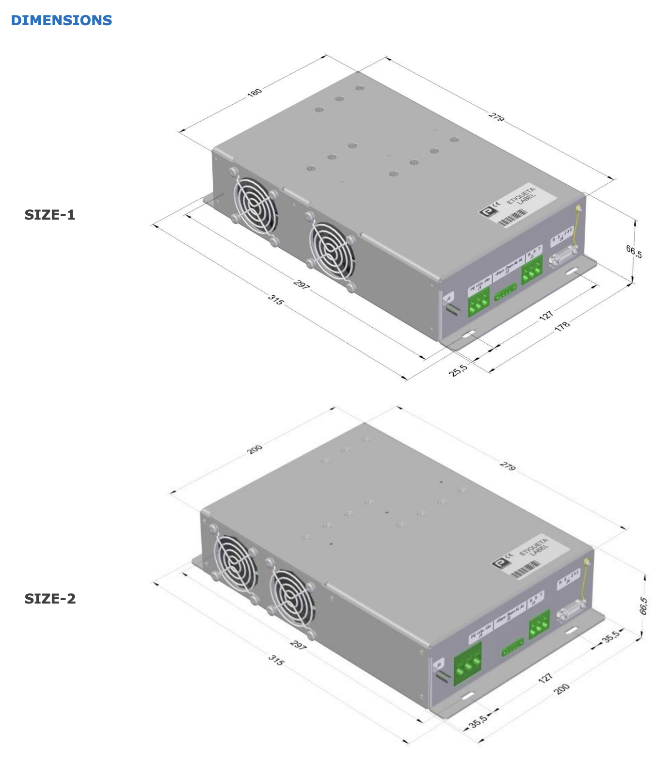 Two diagrams showing dimensions of power supply units.