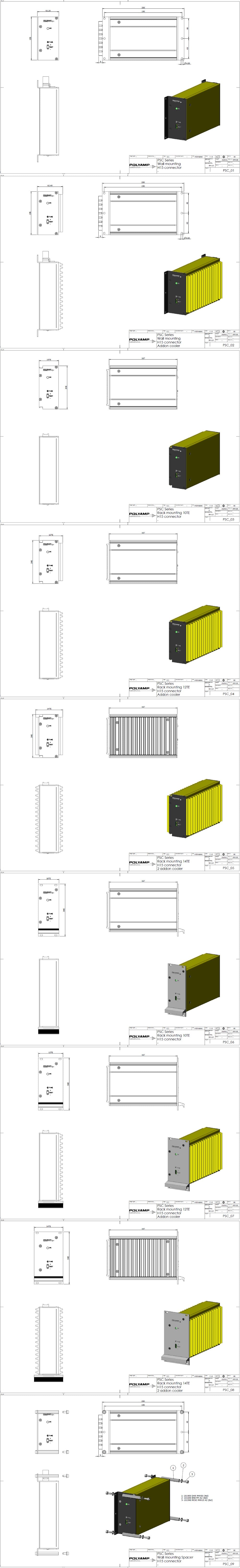Technical drawings of a Polaymp PSC series power supply.