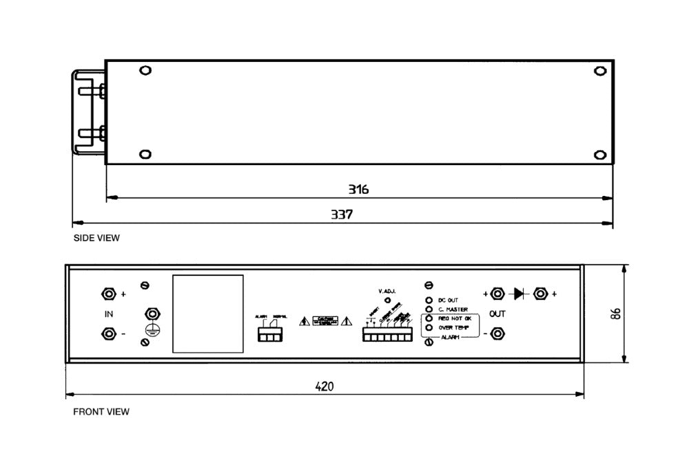Technical drawing of a power supply unit, showing dimensions and connections.