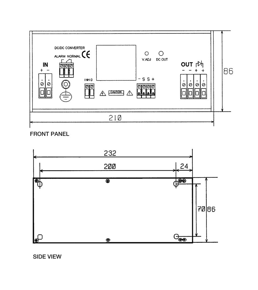 Technical drawing of a DC/DC converter box, showing front and side views with dimensions.