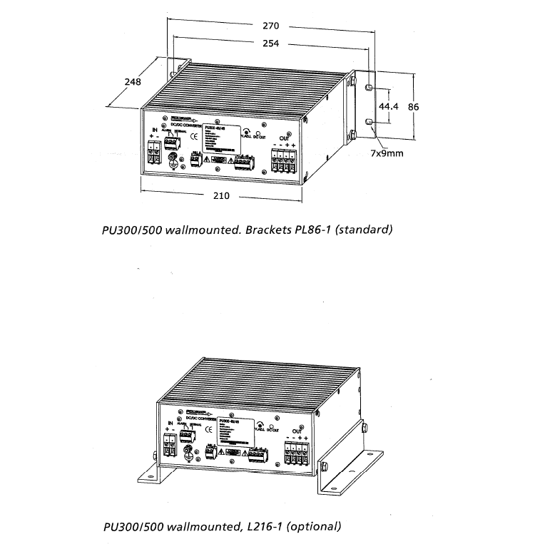 Technical drawing of a PU300/500 power supply unit, showing dimensions and mounting brackets.