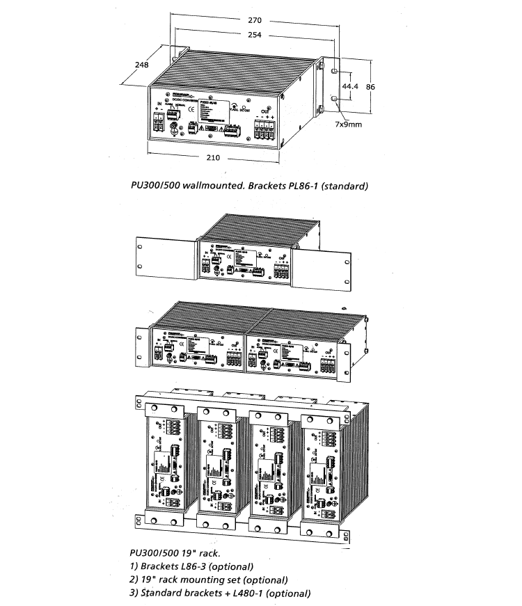 Technical drawing of a power supply, showing dimensions and mounting options.
