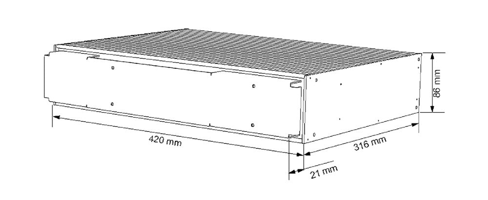 Technical drawing of a server rack component with measurements.