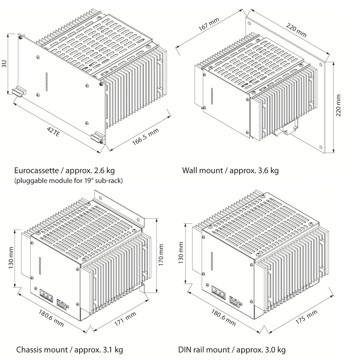 Isometric drawings of four equipment enclosures with dimensions.