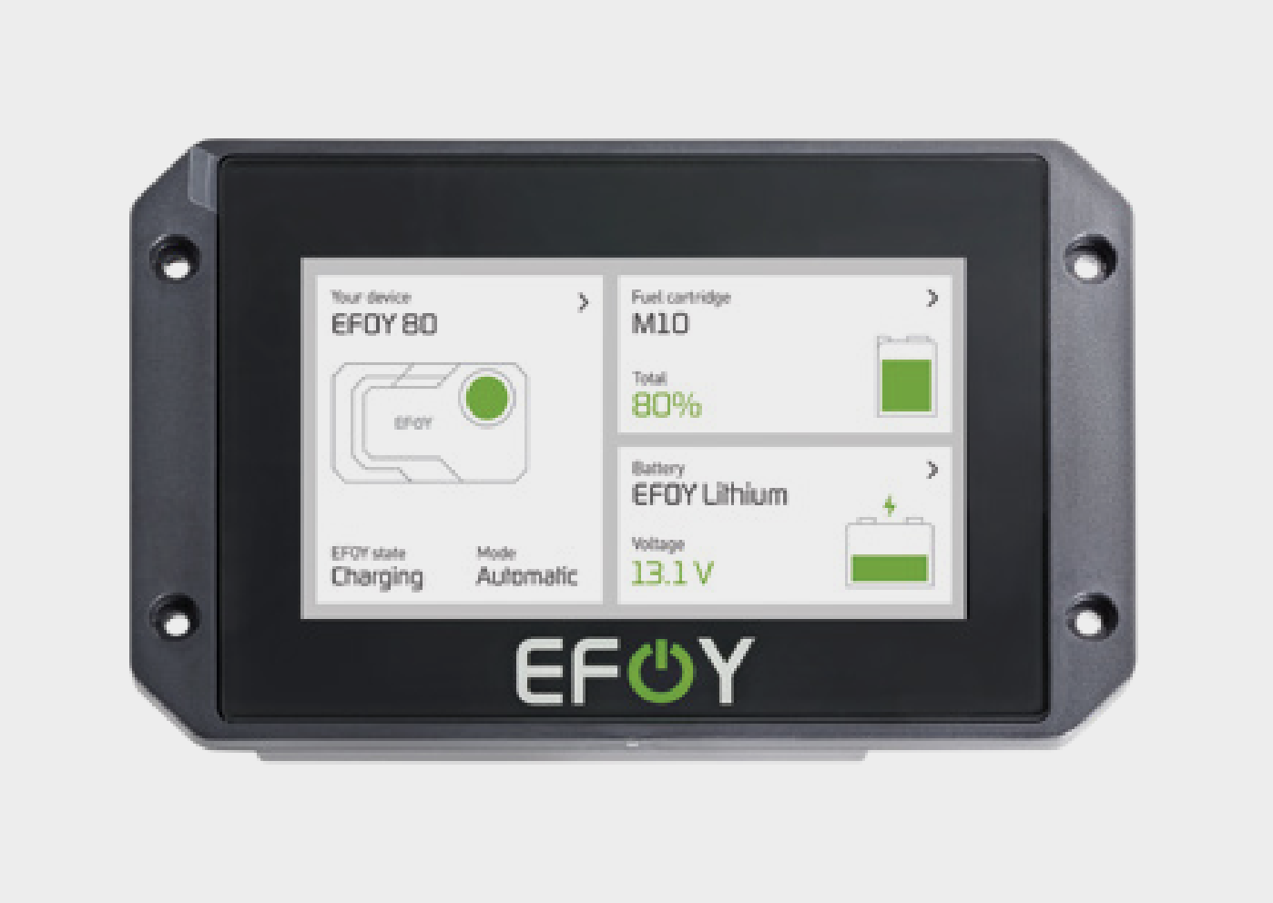 EFOY device control panel screen showing battery and system information for a fuel cell power unit.