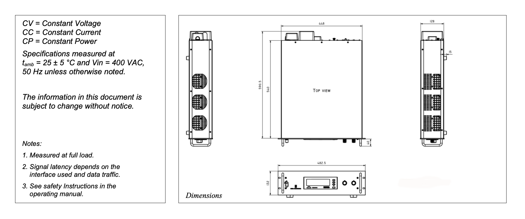 Dimensional and technical specifications illustration for the SM15K unit, including CV/CC ratings and cooling details.