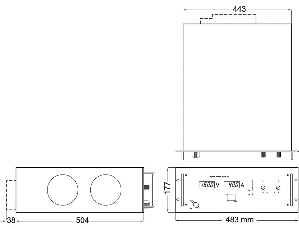 Technical drawing of the SM6000 unit with detailed measurements and port placements.