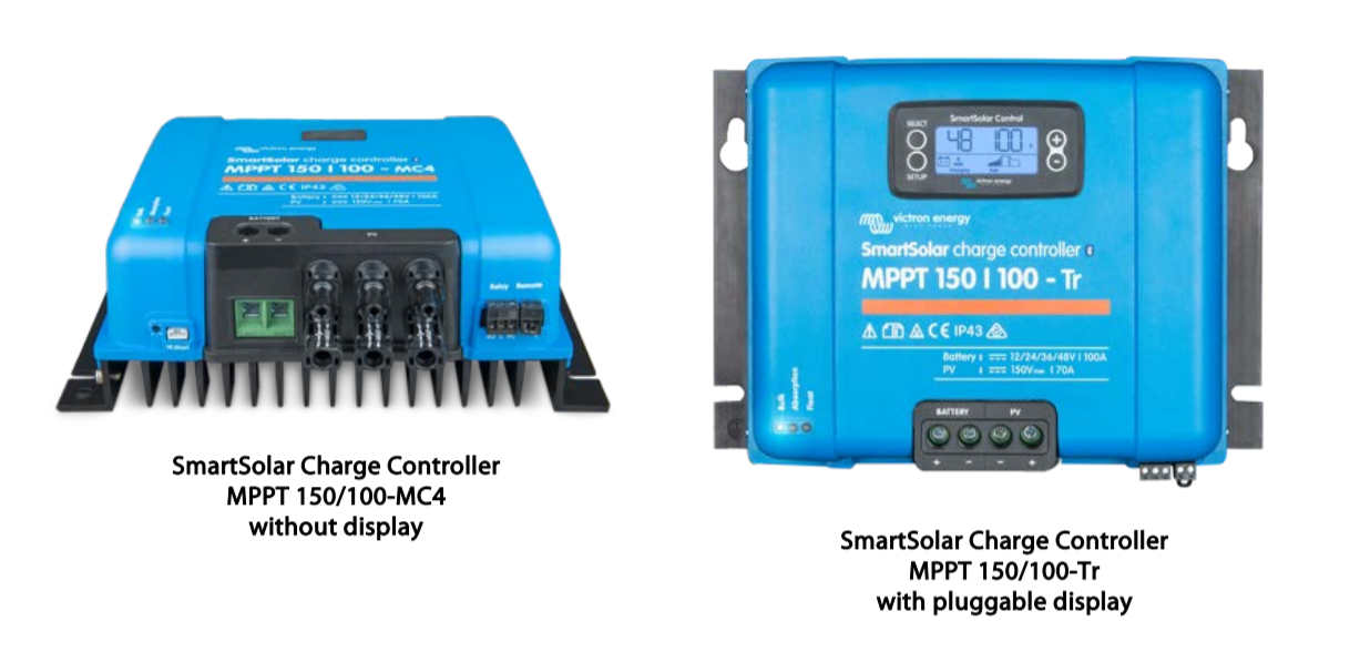 Pair of blue SmartSolar charge controllers, one with display and one without