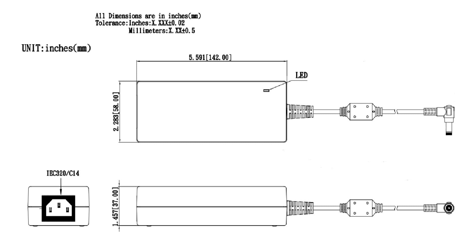 Technical illustration of the TRH100A power supply unit with dimensions and labelled connectors.