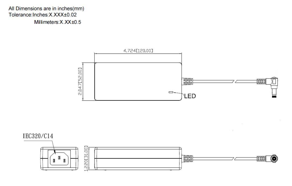 Technical drawing of the TRH50A power supply showing dimensions and connector layout.