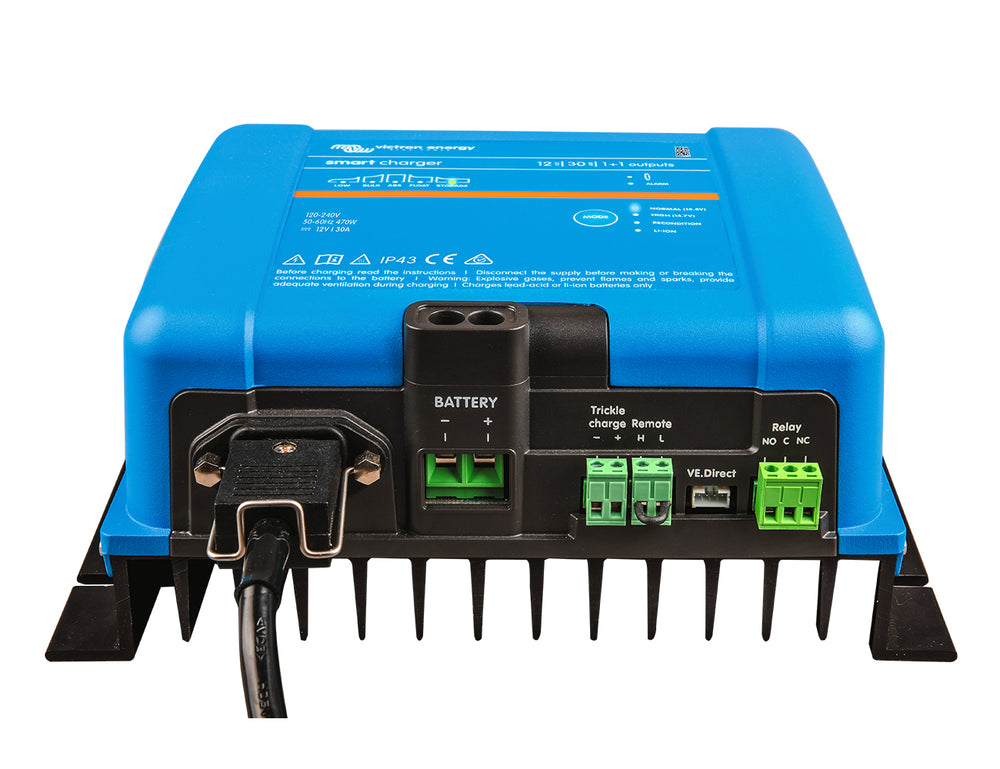 Victron Smart IP43 Charger 12/30(1+1) at a front angle, a 12V 30A battery charger with a starter battery output.