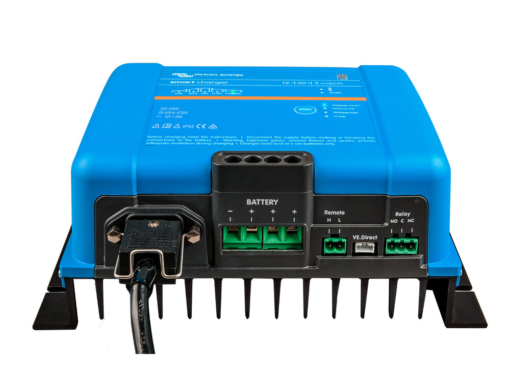 Victron Smart IP43 Charger 12/30(3) at a front angle, a 12V 30A battery charger for three battery banks.