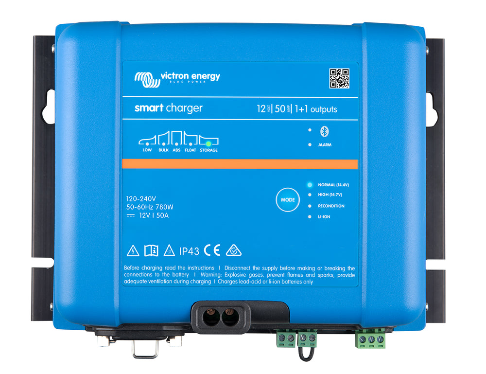 Top view of the Victron Smart IP43 Charger 12/50(1+1), a 12V 50A charger with main and starter battery outputs.