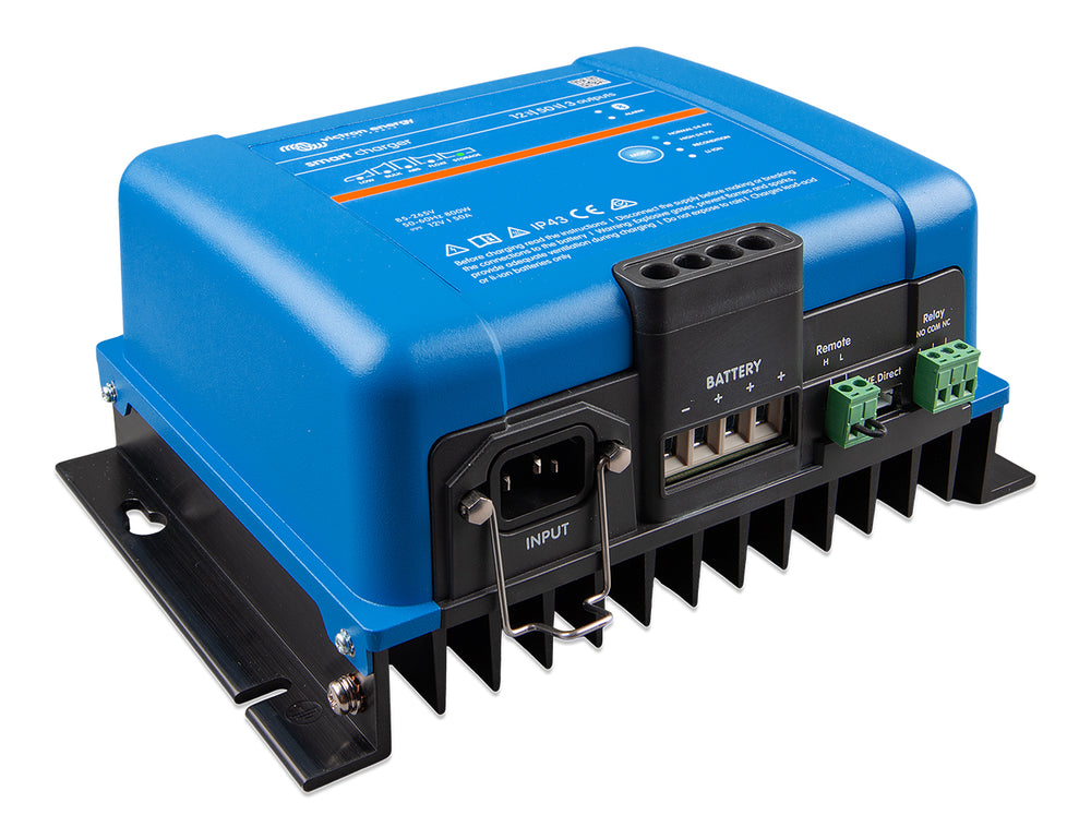 Right side view of the Victron Smart IP43 Charger 12/50(3), a 12V 50A battery charger for three battery banks.