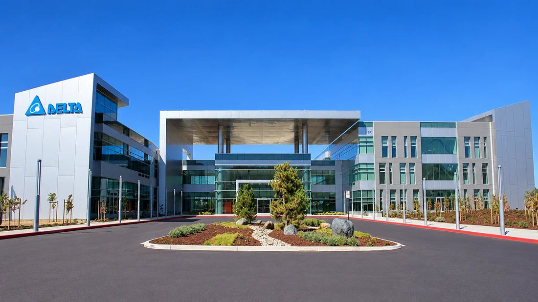 Delta Electronics Americas headquarters exterior, with Delta signage and a glass-fronted entrance.