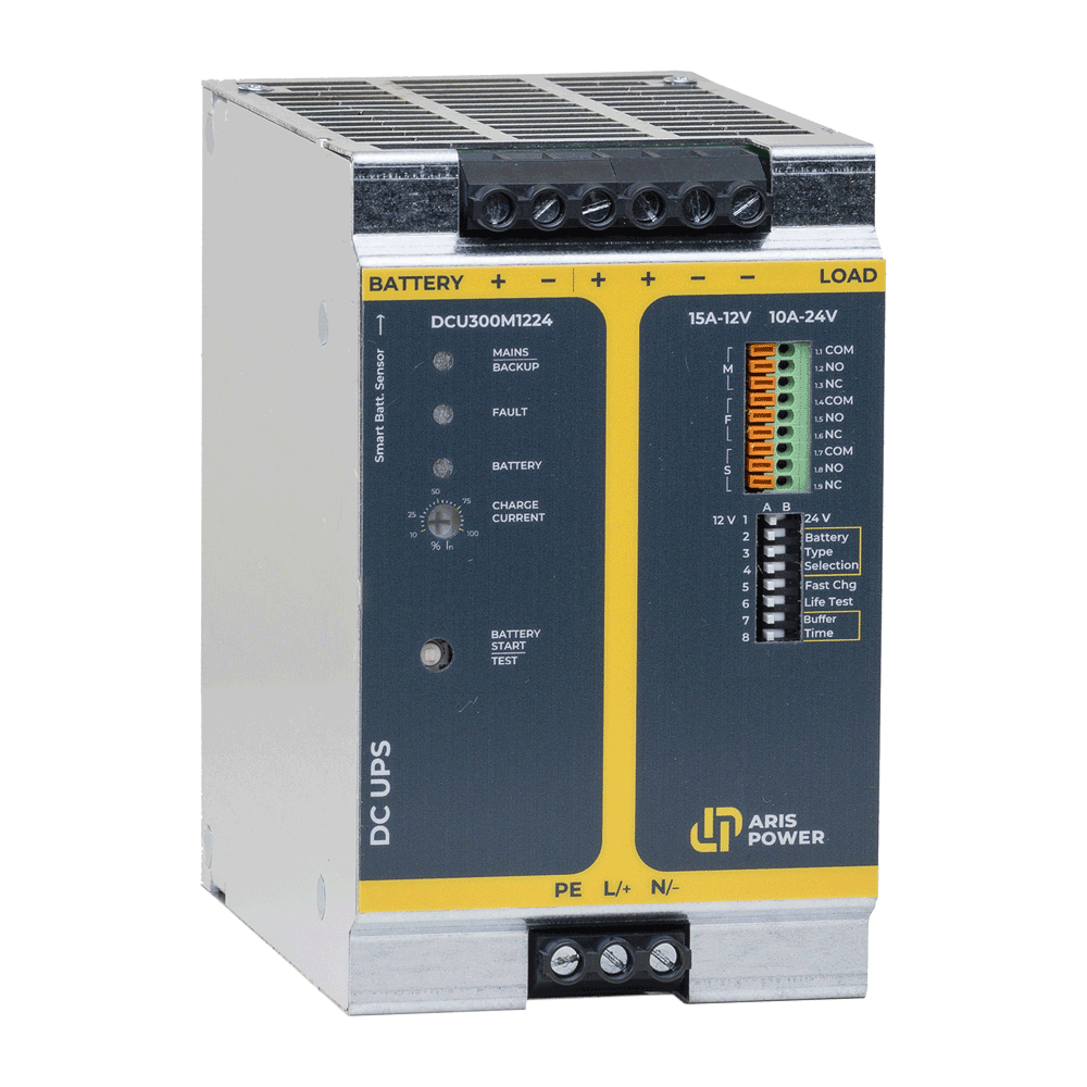 ARIS Power DC-UPS module with battery charger and terminal connections for industrial backup power