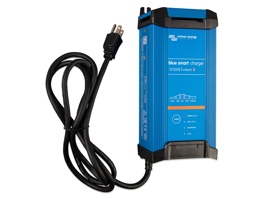 Victron Blue Smart IP22 Charger 12V 20A 3-output with US NEMA 5-15 power cord.