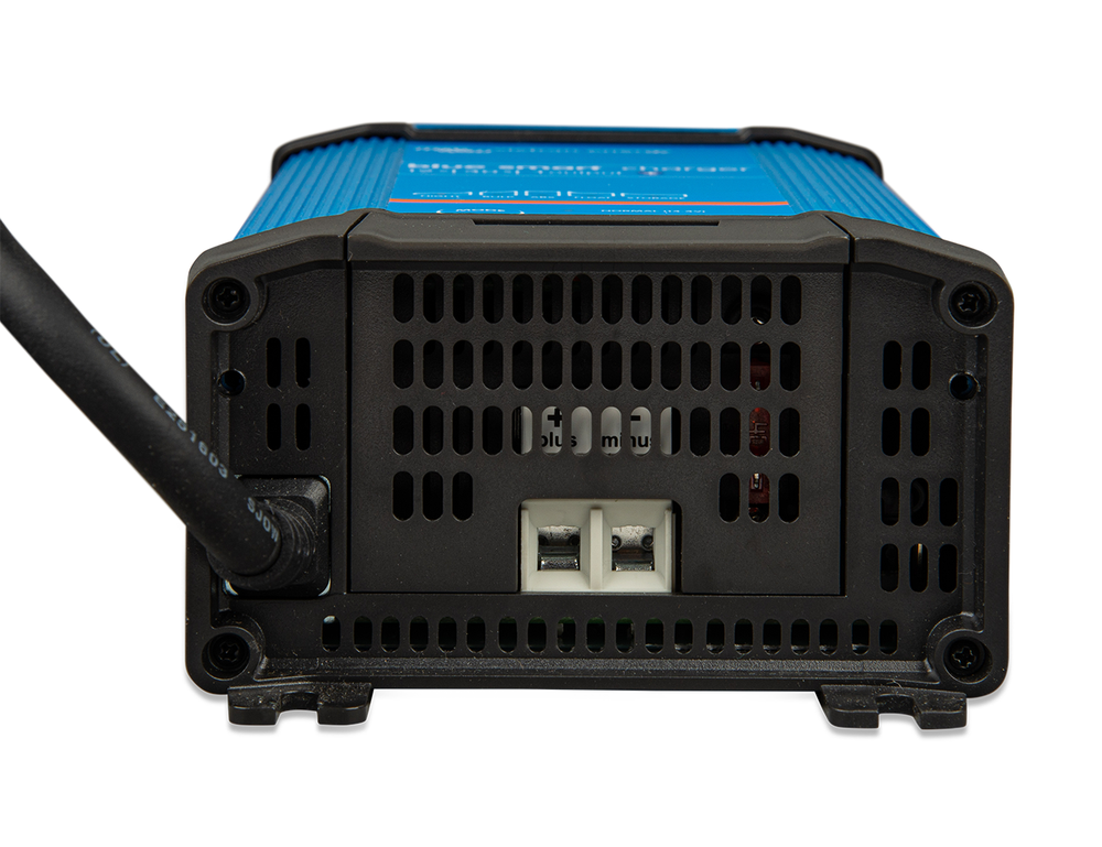 Rear connector panel of the Victron Blue Smart IP22 Charger 12V 30A showing battery terminals.
