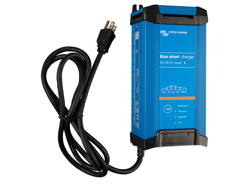 Victron Blue Smart IP22 Charger 24V 8A 1-output with US NEMA 5-15 power cord.