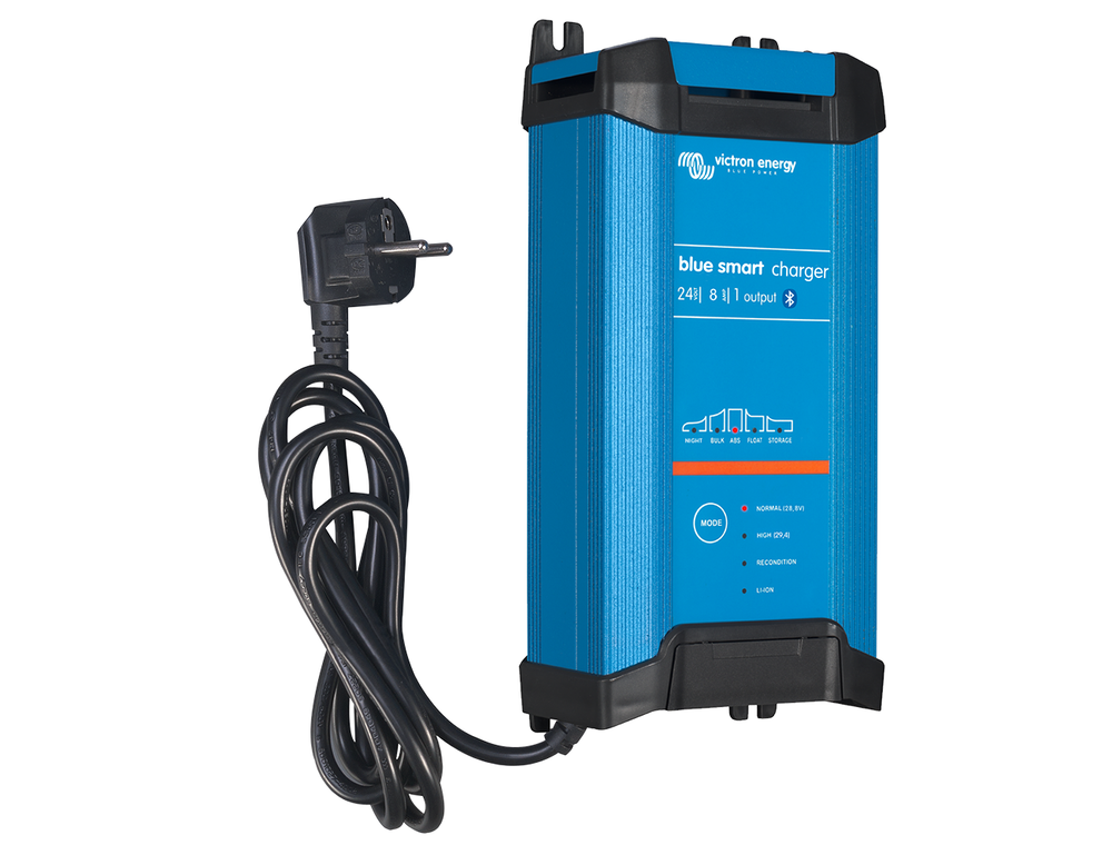 Victron Blue Smart IP22 Charger 24V 8A 1-output with coiled European CEE 7/7 power cord.