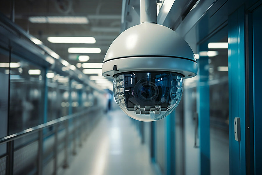 A white dome security camera suspended in a modern corridor with blue doors and reflective glass panels.