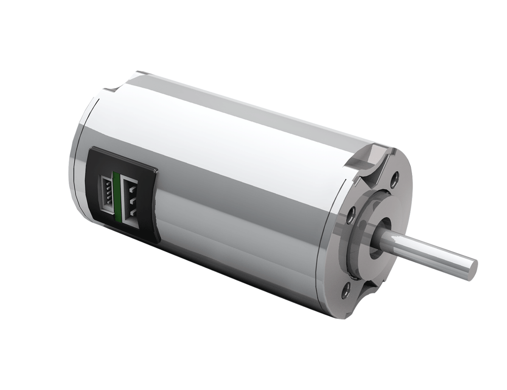 Dunkermotoren BG 32 KI compact 3-phase BLDC motor with integrated commutation electronics and 8-pole neodymium magnet, rated at 20W continuous output power.
