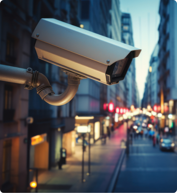 CCTV camera mounted on a pole monitoring a city street in the evening with blurred lights in the background.