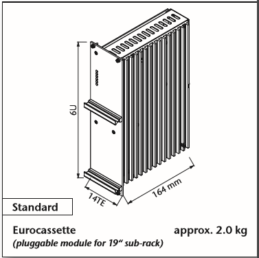Diagram of a 6U eurocassette module, showing dimensions in millimetres.