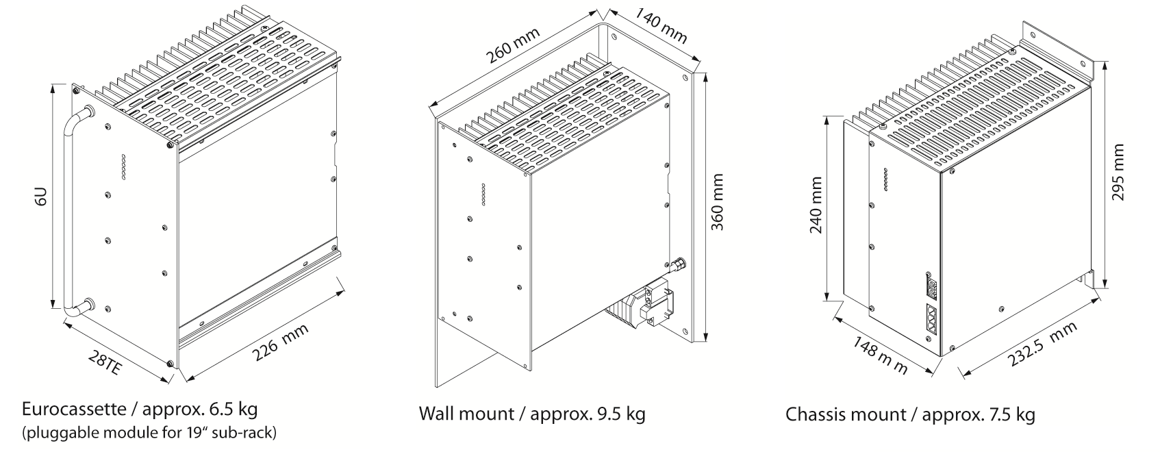Technical drawings of three equipment enclosures with dimensions.