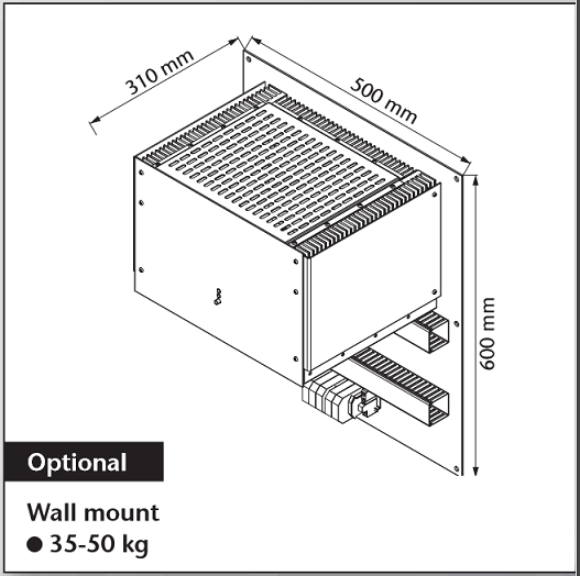 Isometric diagram of wall-mountable heater with dimensions.