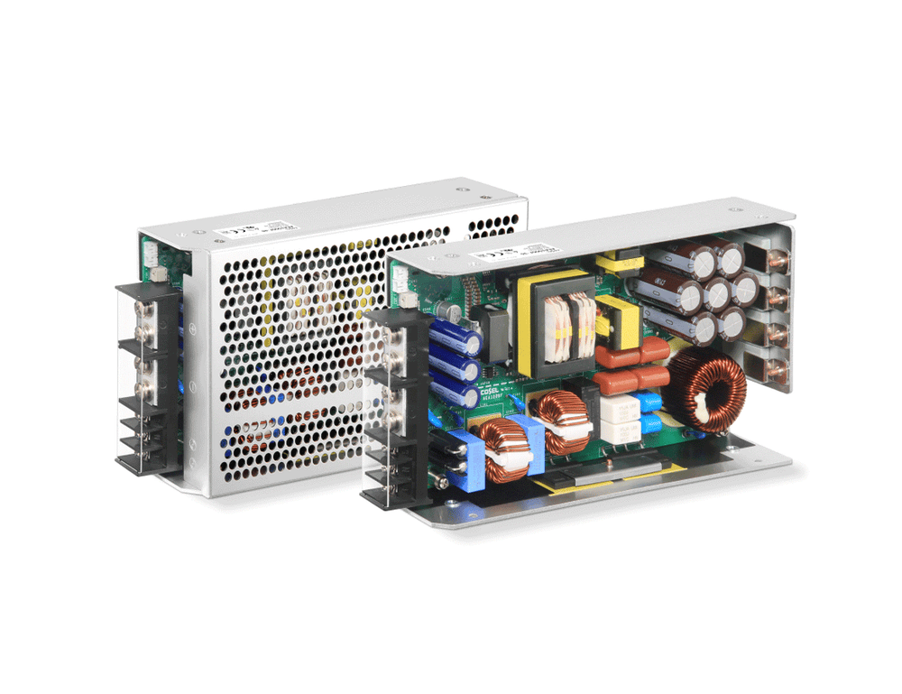 Cosel AEA1000F 1000W AC-DC power supply shown covered and open-frame, with transformer, coils and capacitors.