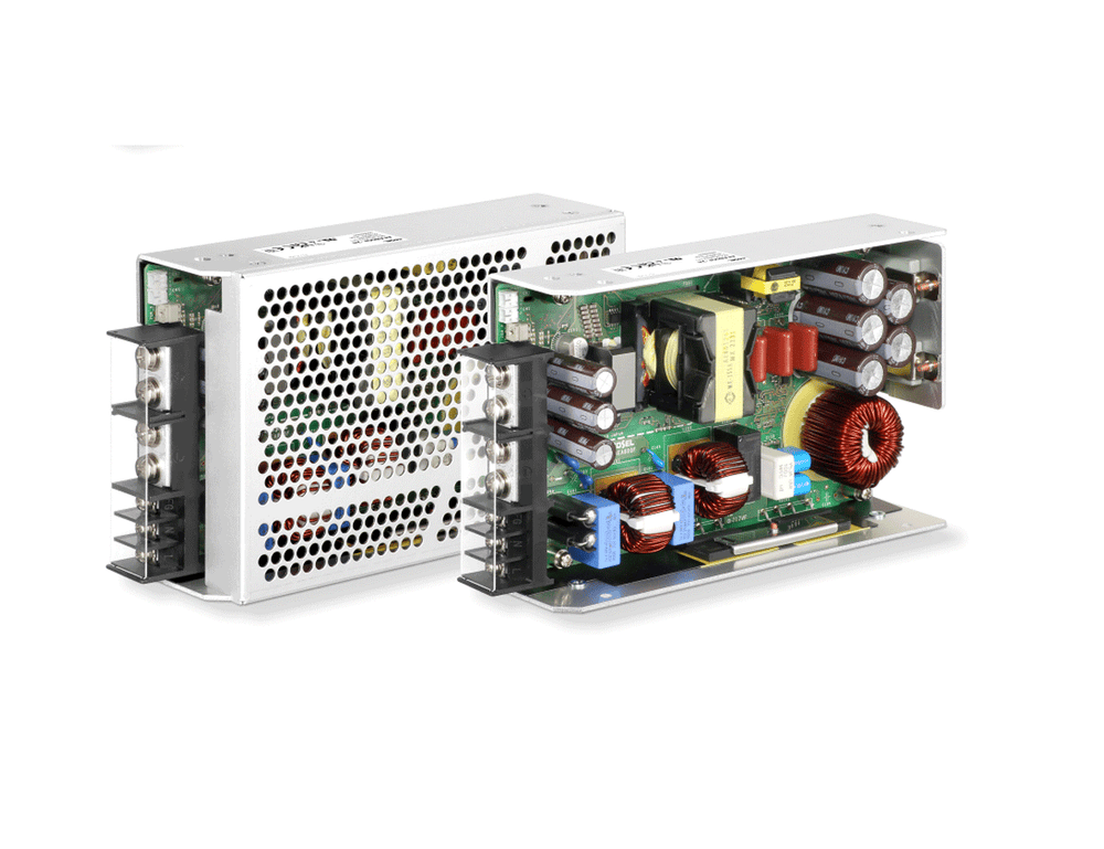 Cosel AEA800F 800W AC-DC power supply shown with metal cover and open PCB exposing capacitors and inductors.