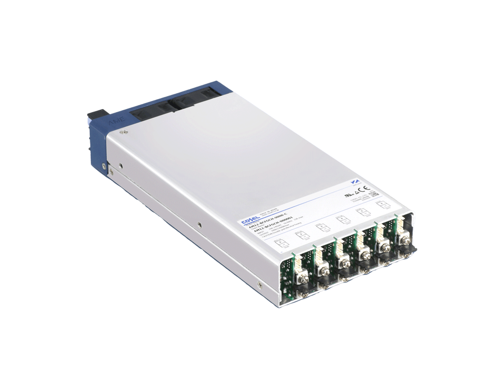 Cosel AME1200F 1200W configurable AC-DC power supply, enclosed metal case with multiple output module slots.